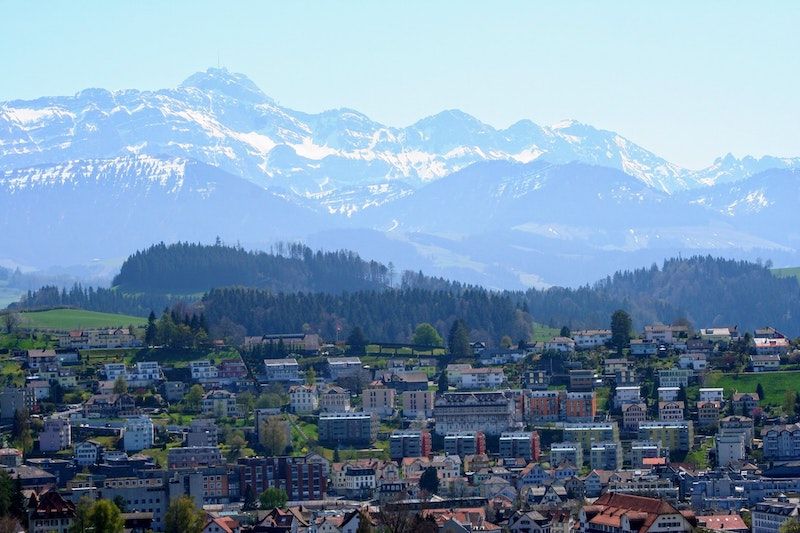 Herisau, the capital of Appenzell Ausserrhoden in front of the Säntis, the hallmark of the city